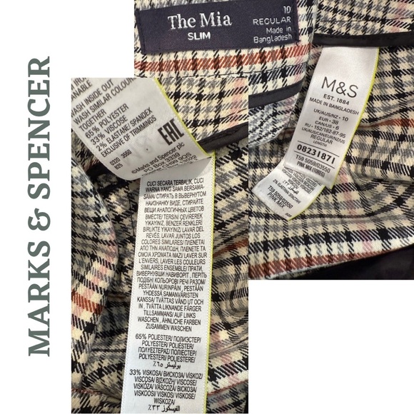 Marks & Spencer “The Mia” Slim Plaid Dress Pants Black Cream Pink Brown Size 10 - Picture 6 of 6